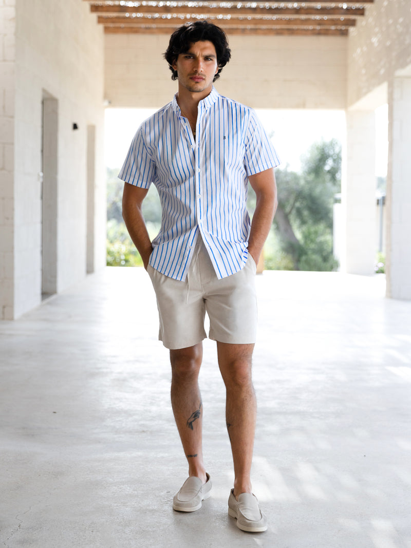 Elias Short Sleeve Stripe Shirt - White & Light Blue