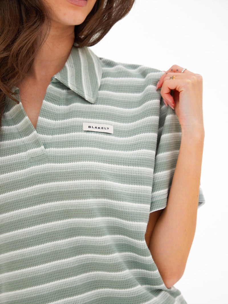 Soft Stripe Waffle Rugby Shirt - Green Stripe