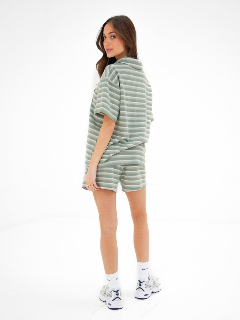 Soft Stripe Waffle Rugby Shirt - Green Stripe