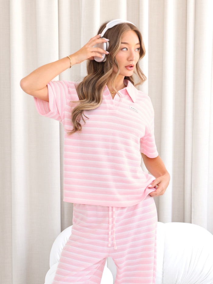 Soft Stripe Waffle Rugby Shirt - Pink Stripe