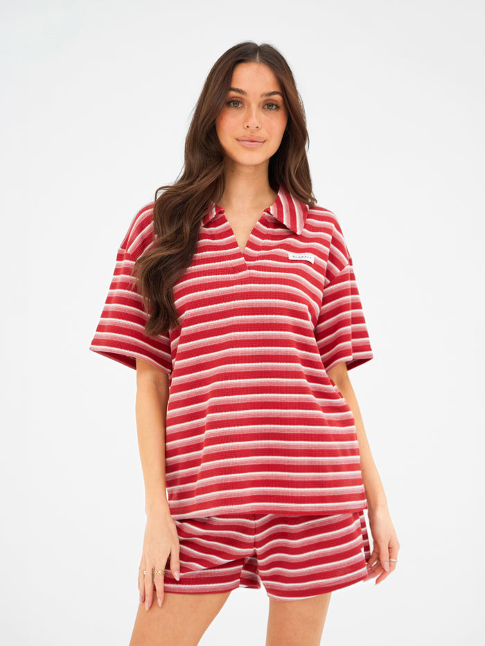 Soft Stripe Waffle Rugby Shirt - Red Stripe