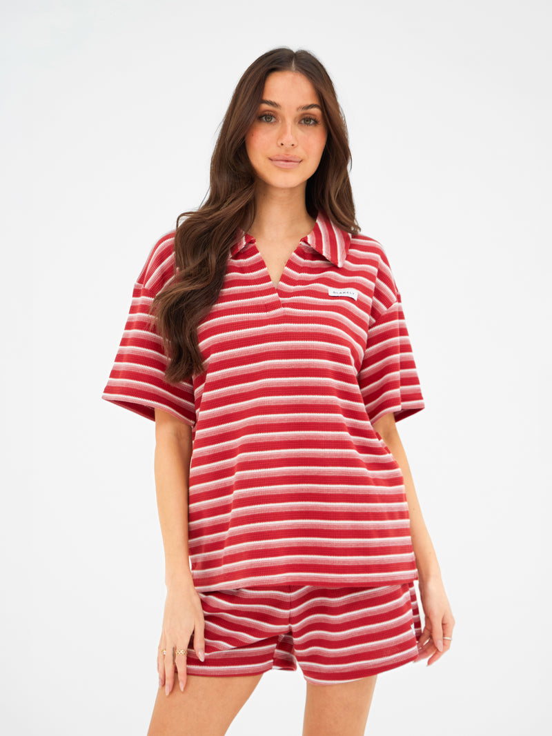 Soft Stripe Waffle Rugby Shirt - Red Stripe