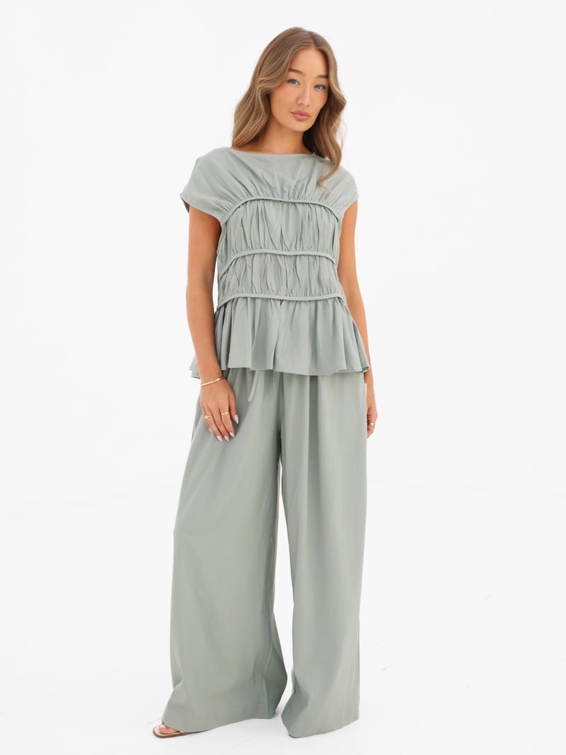 Alessia Linen Frill Top - Soft Sage