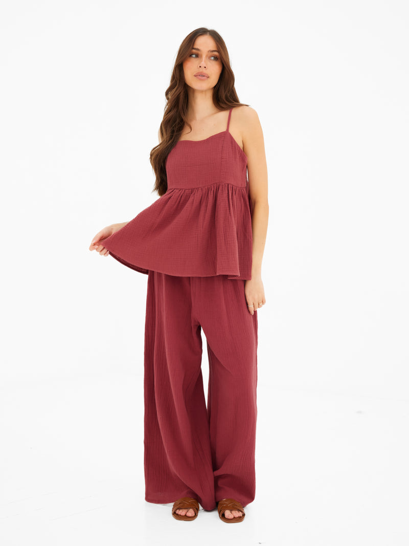 Mila Peplum Top - Washed Red
