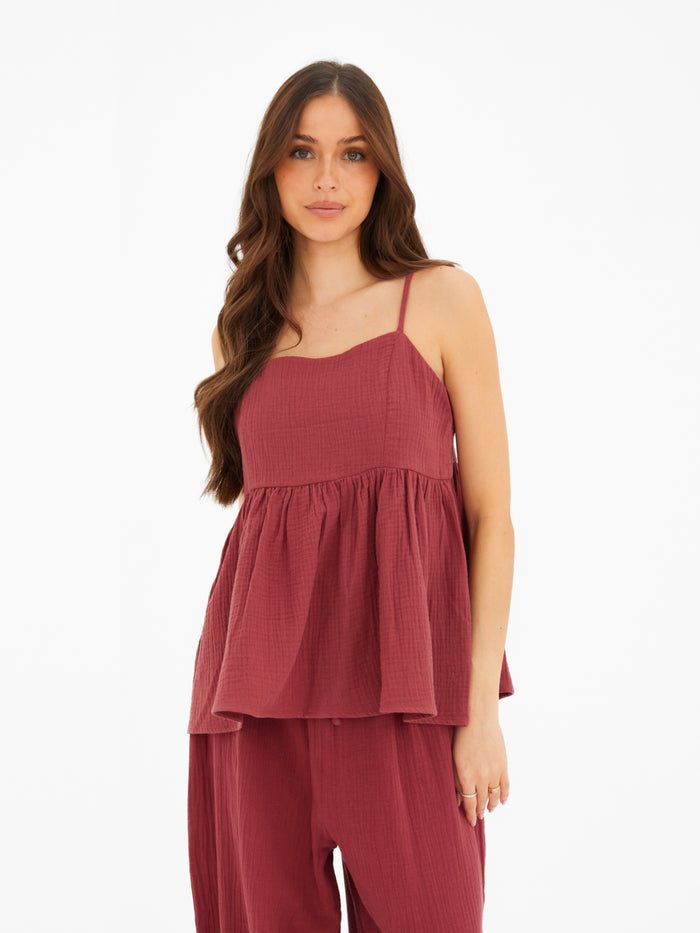 Mila Peplum Top - Washed Red