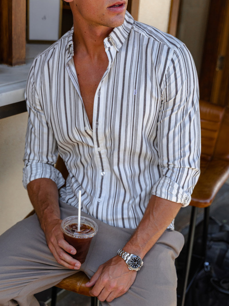 Raffi Long Sleeve Stripe Cotton Shirt - White & Brown