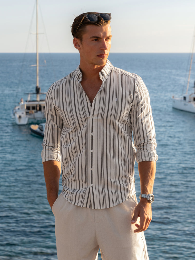 Raffi Long Sleeve Stripe Cotton Shirt - White & Brown