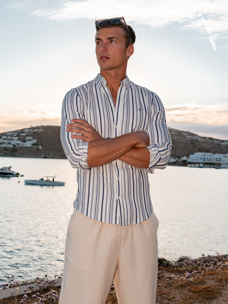 Raffi Long Sleeve Stripe Cotton Shirt - White & Navy