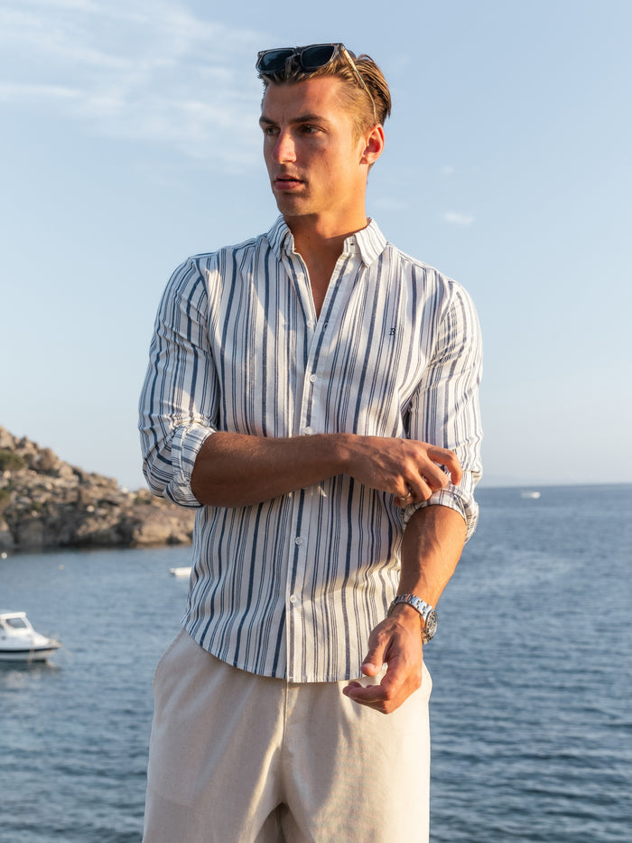 Raffi Long Sleeve Stripe Cotton Shirt - White & Navy
