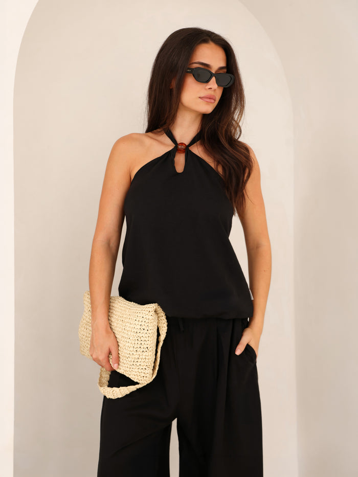 Eliza Beaded Halter Neck Top - Black