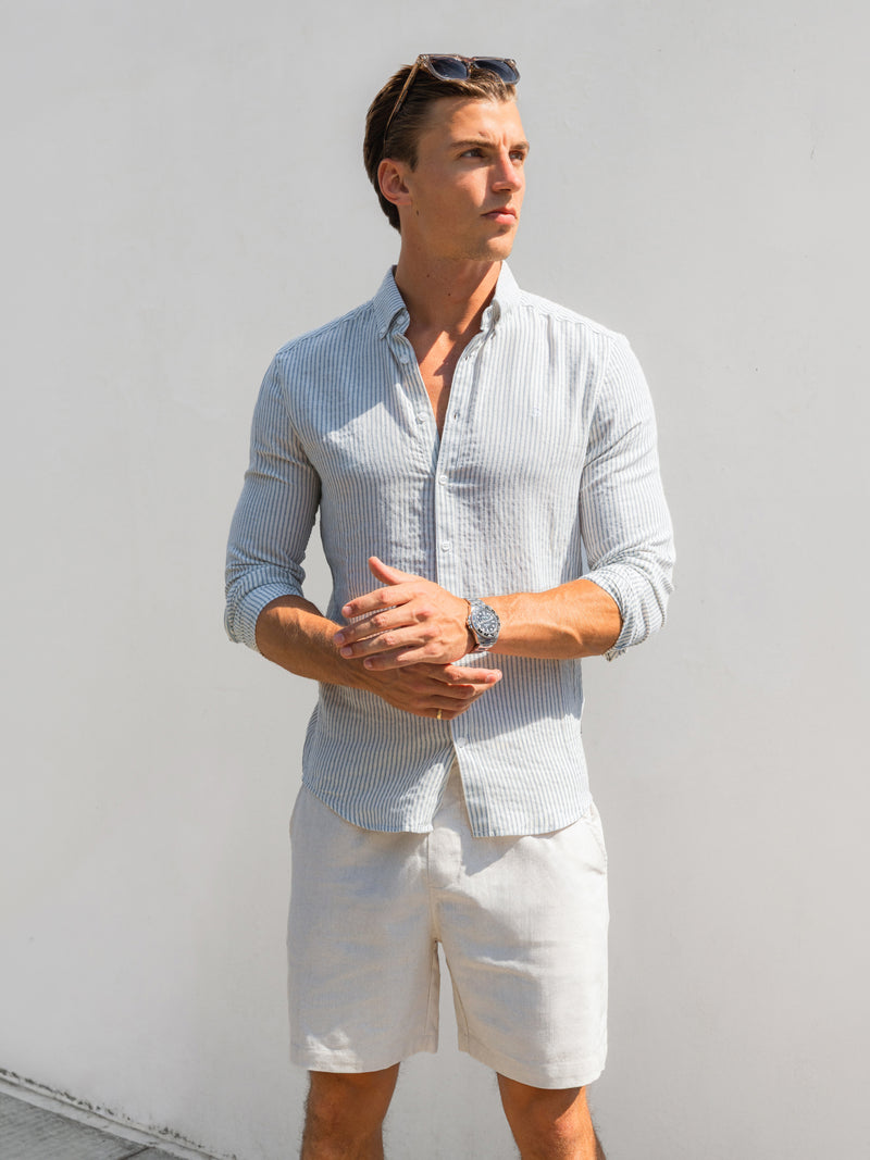 Remy Long Sleeve Stripe Cotton Shirt - White & Blue
