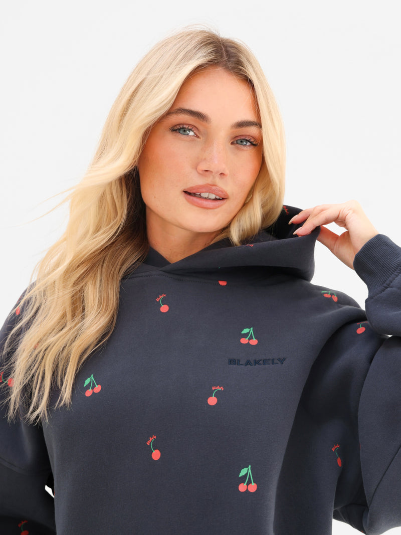 Rhea Cherry Print Oversized Hoodie - True Navy