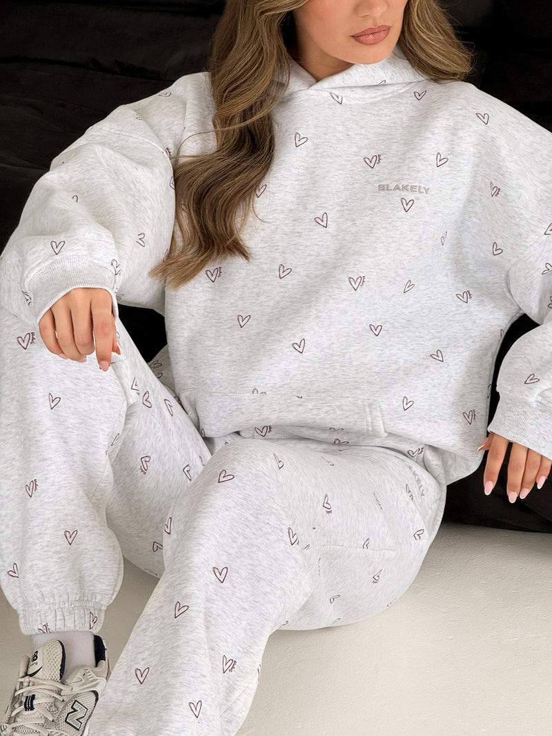 Rhea Heart Print Oversized Hoodie - Marl White