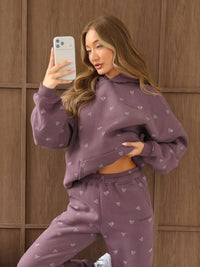 Rhea Heart Print Oversized Hoodie - Washed Plum