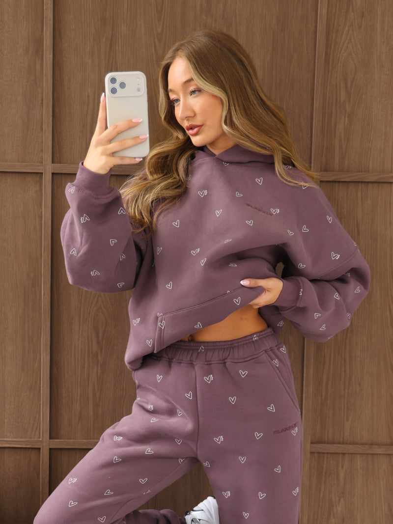 Rhea Heart Print Oversized Hoodie - Washed Plum