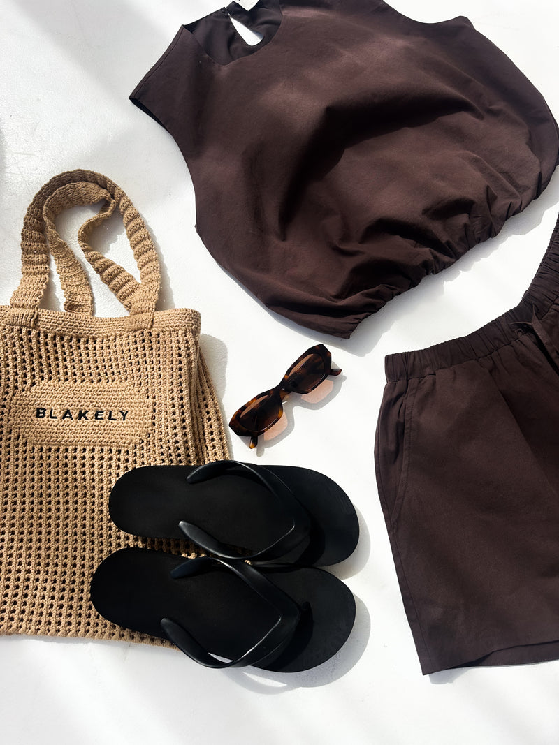 Kaia Bubble Hem Poplin Top - Mocha Brown