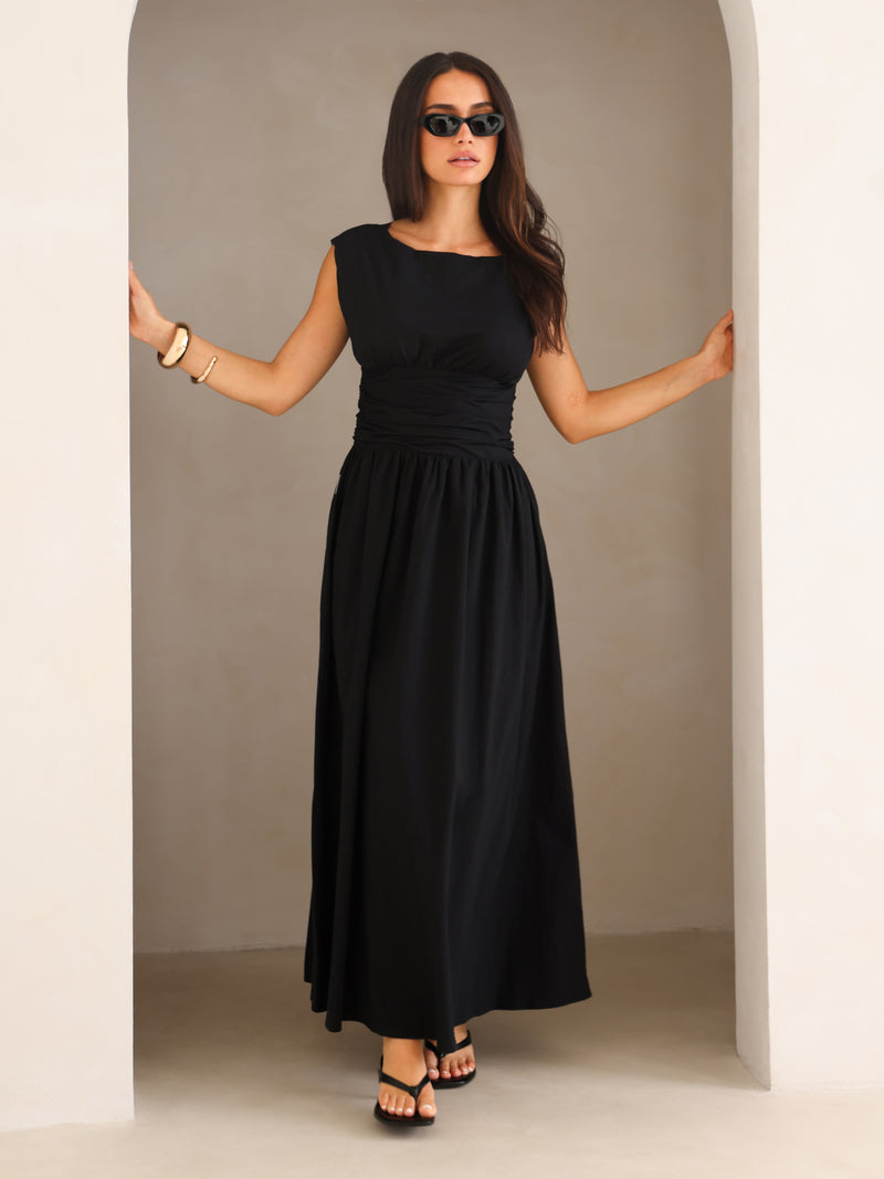 Kaia Poplin Maxi Dress - Black