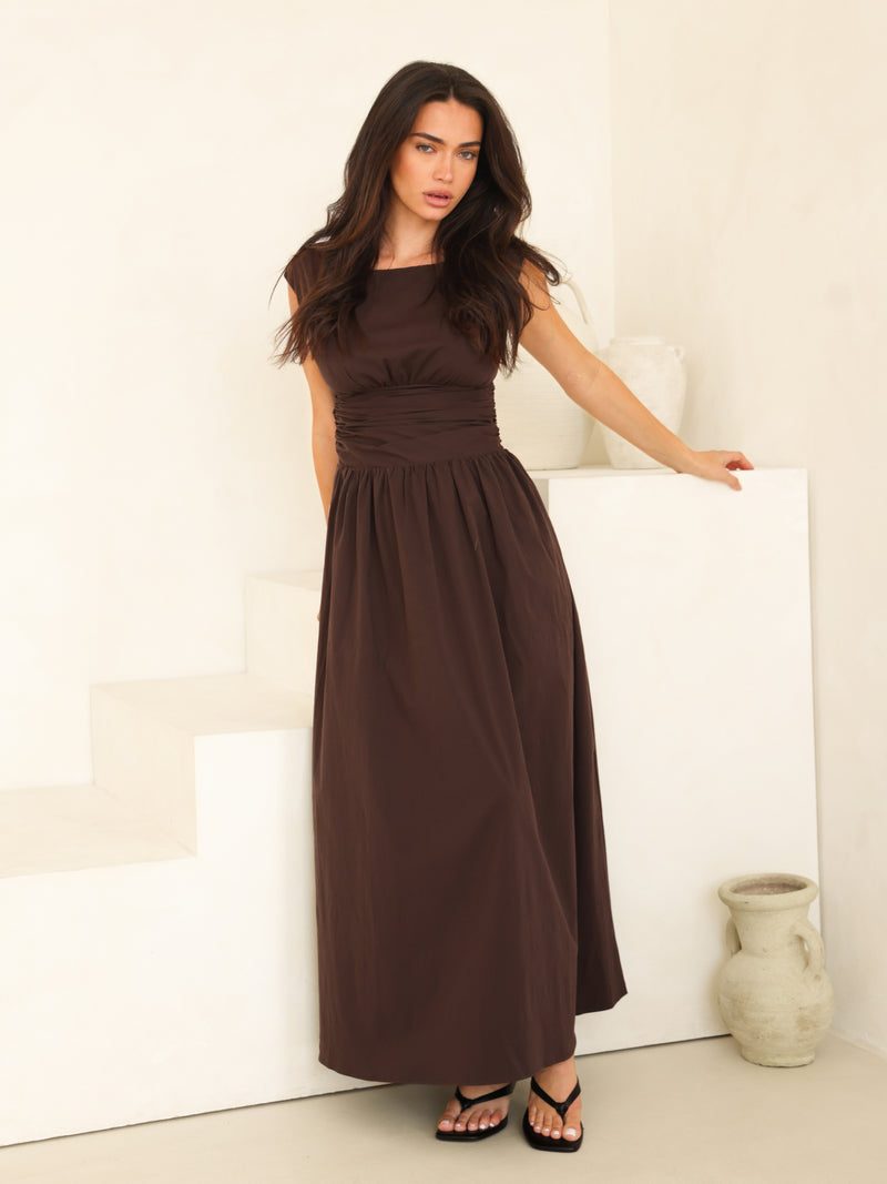 Kaia Poplin Maxi Dress - Mocha Brown