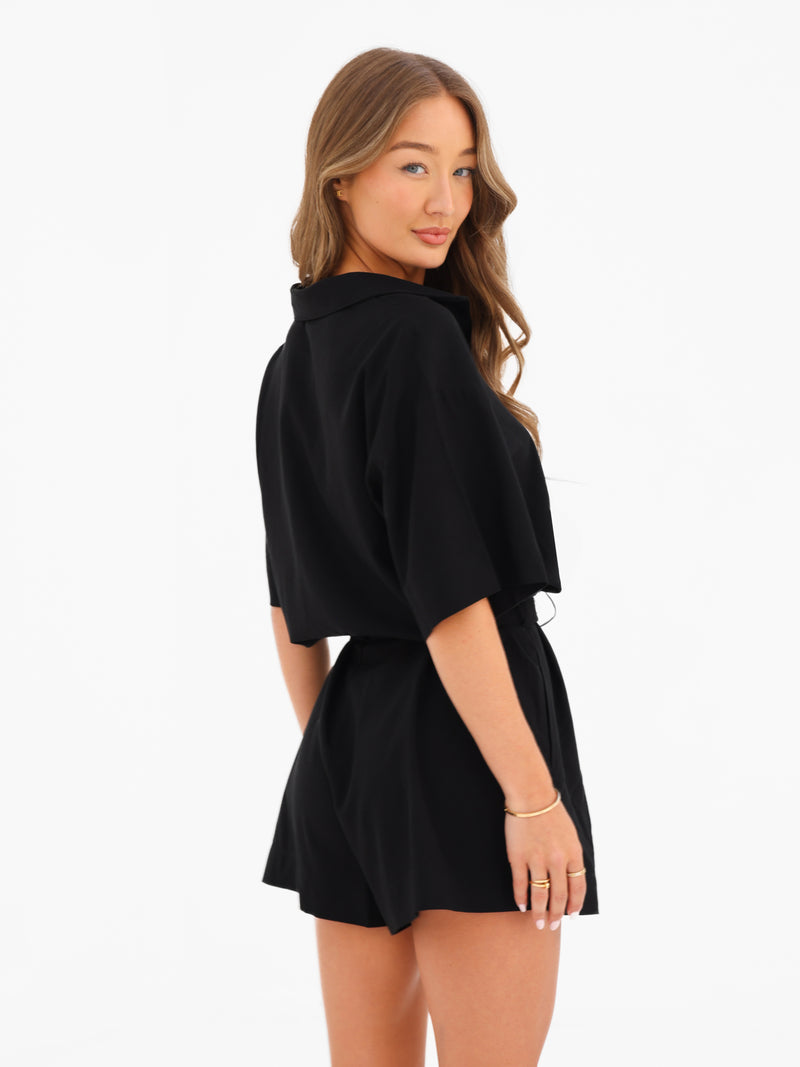 Alessia Linen Playsuit - Black