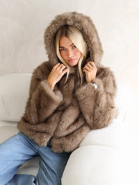 Gigi Faux Fur Hooded Coat - Light Brown