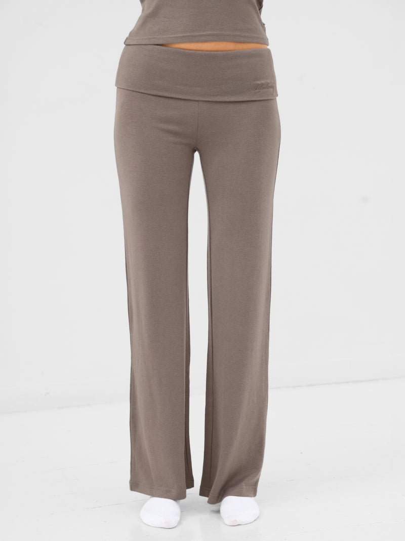 Melody Soft Knitted Fold Over Trousers - Cool Brown