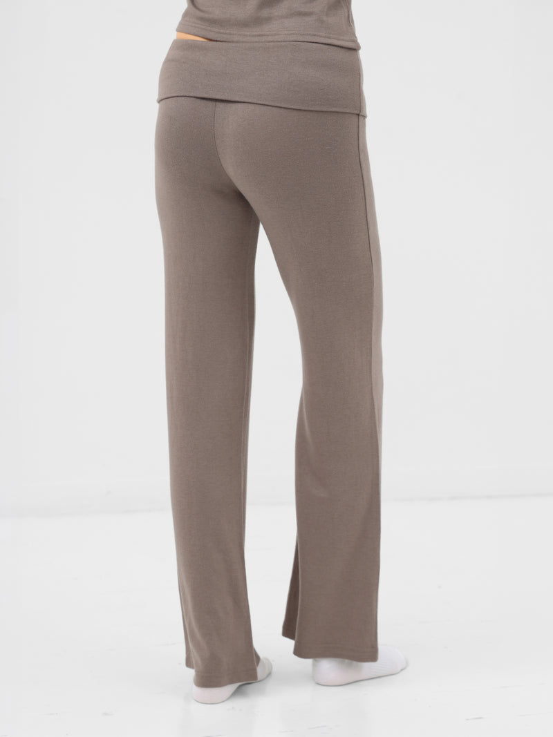 Melody Soft Knitted Fold Over Trousers - Cool Brown