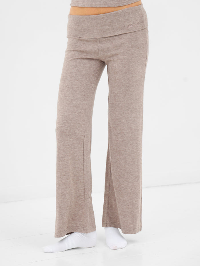 Melody Soft Knitted Fold Over Trousers - Marl Taupe