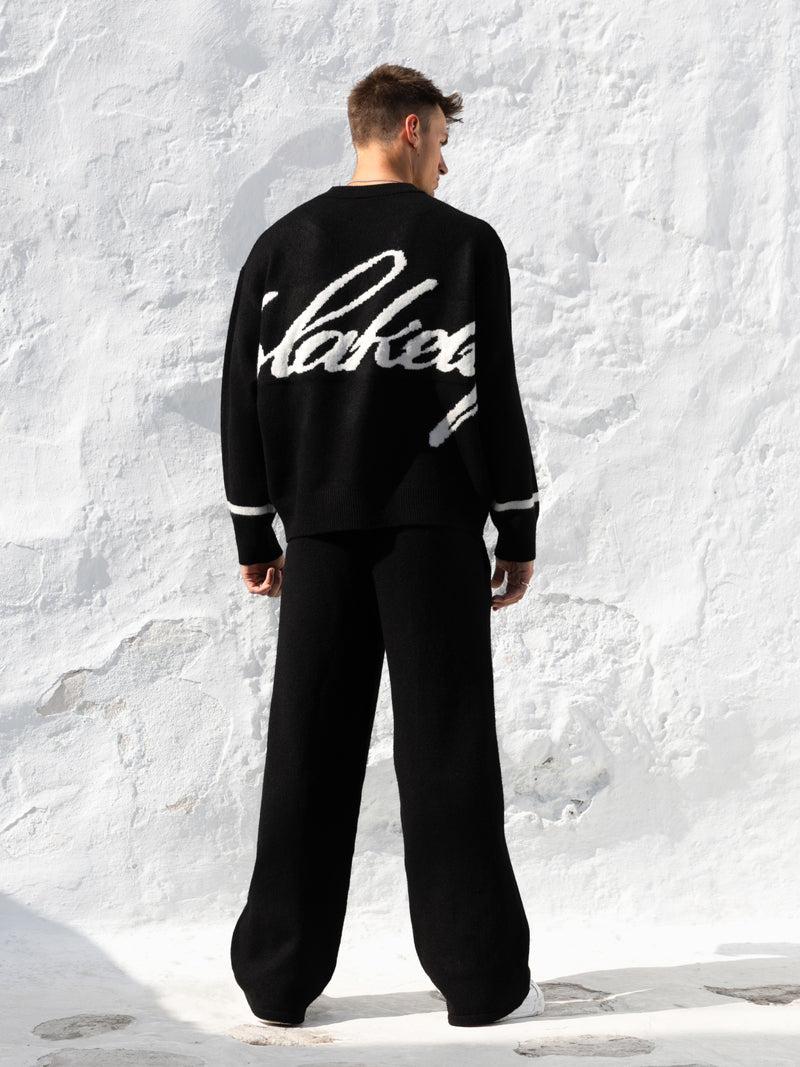 Knitted Script Wide Leg Sweatpants - Black