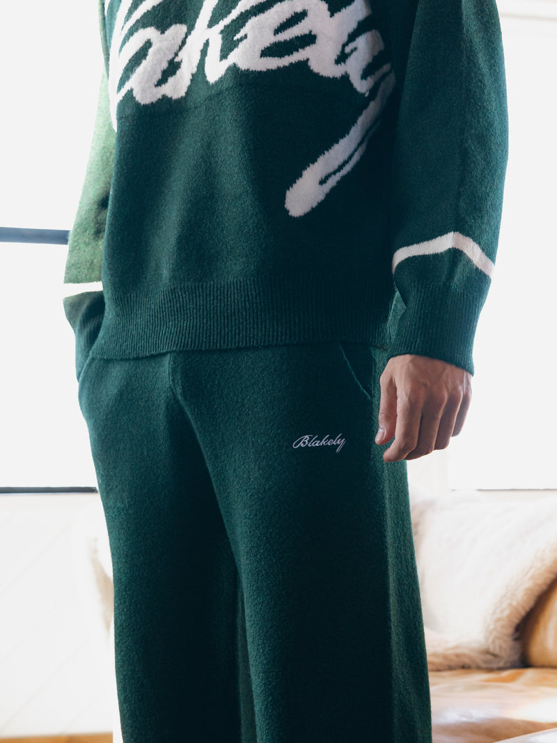 Knitted Script Wide Leg Sweatpants - Emerald Green