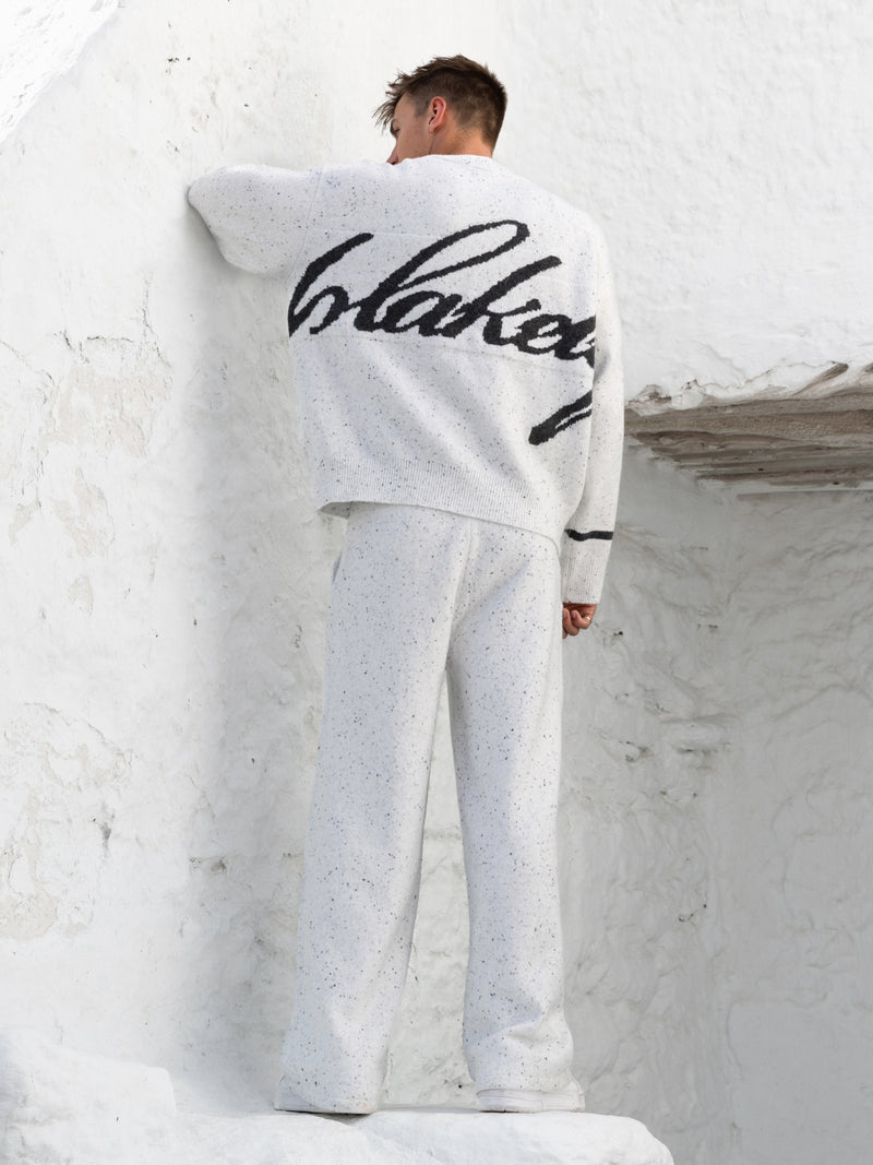 Knitted Script Wide Leg Sweatpants - Light Grey