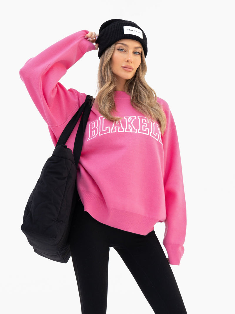 Varsity Oversized Knitted Sweater - Bright Pink