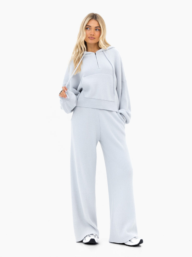 Zoey Ribbed Wide Leg Trousers - Baby Blue