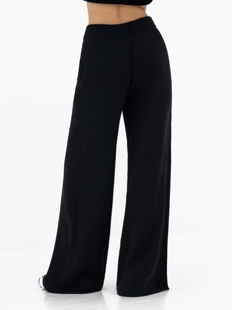 Zoey Ribbed Wide Leg Trousers - Black