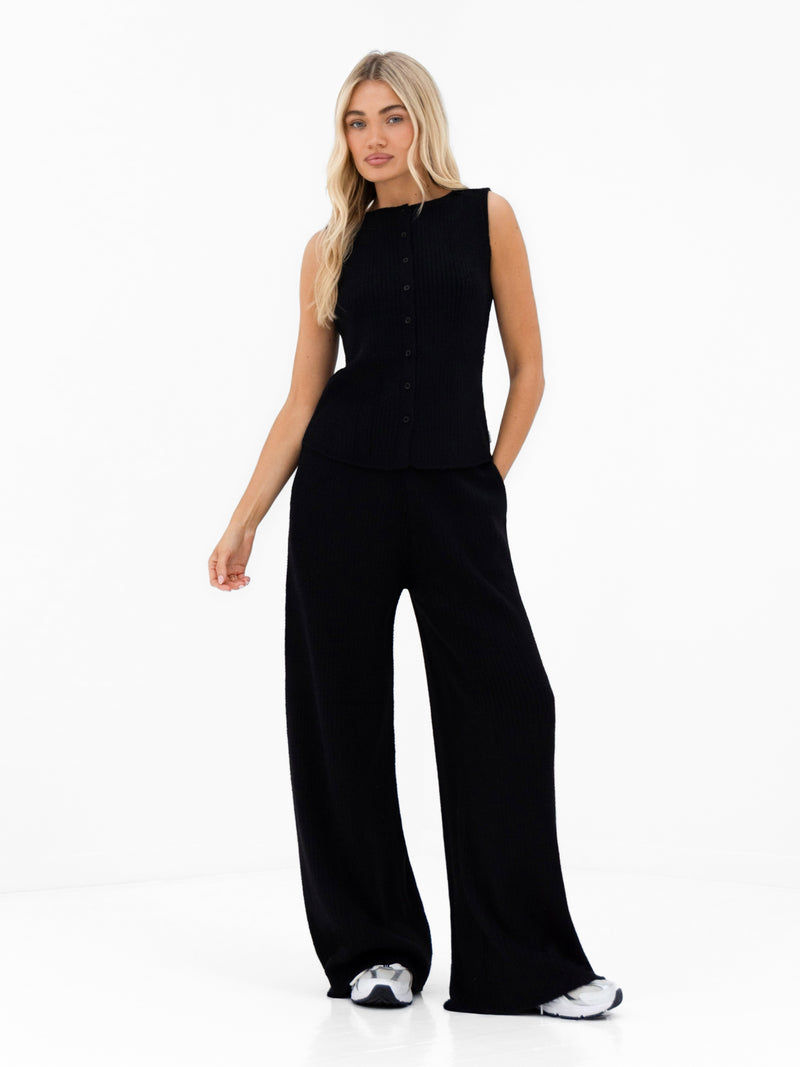 Zoey Ribbed Wide Leg Trousers - Black