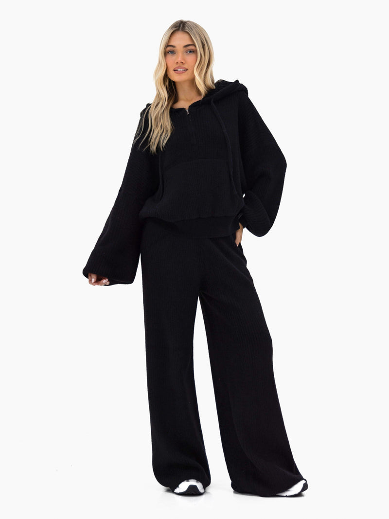 Zoey Ribbed Wide Leg Trousers - Black