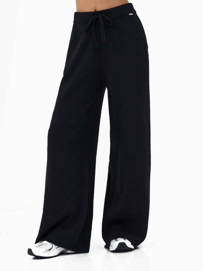 Zoey Ribbed Wide Leg Trousers - Black