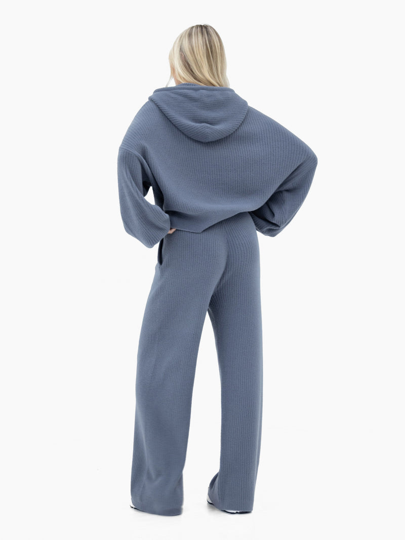 Zoey Ribbed Wide Leg Trousers - Smoky Blue