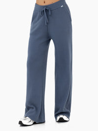 Zoey Ribbed Wide Leg Trousers - Smoky Blue