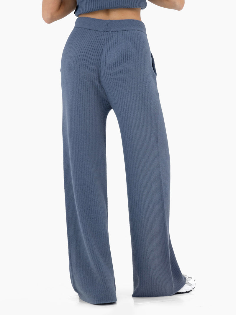 Zoey Ribbed Wide Leg Trousers - Smoky Blue