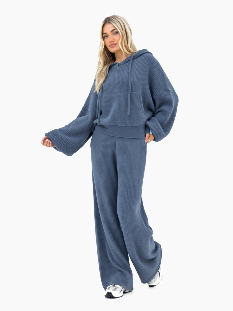 Zoey Ribbed Wide Leg Trousers - Smoky Blue