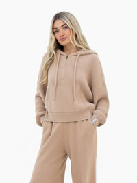 Zoey Ribbed 1/4 Zip Hoodie - Tan