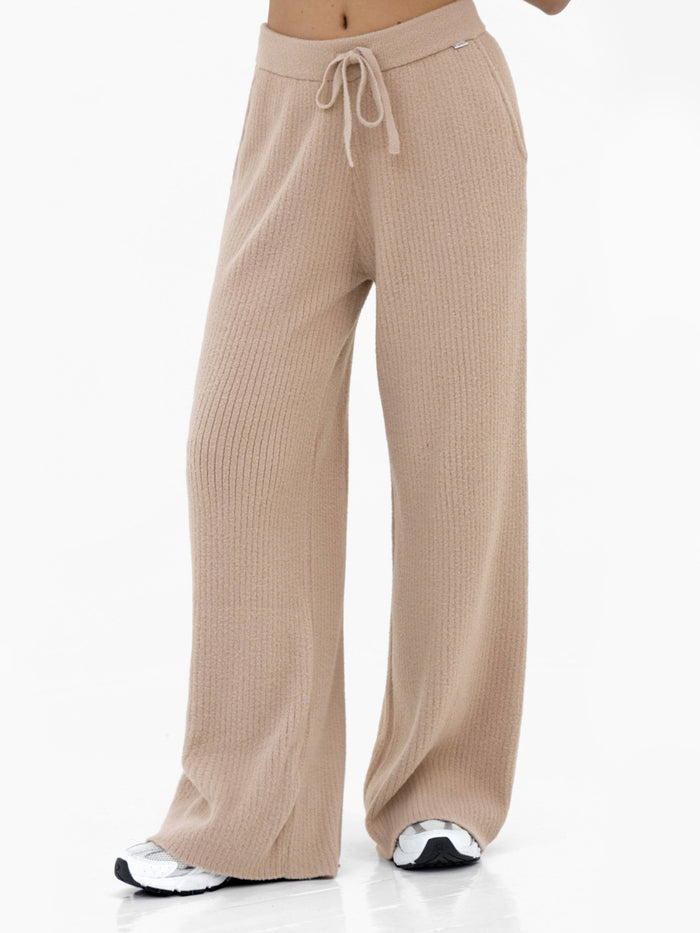 Zoey Ribbed Wide Leg Trousers - Tan
