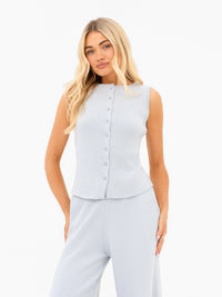 Zoey Ribbed Button Up Top - Baby Blue