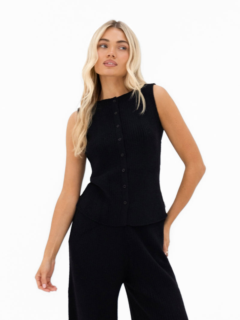 Zoey Ribbed Button Up Top - Black