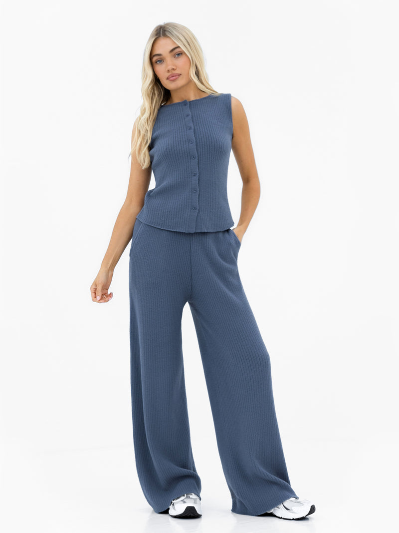 Zoey Ribbed Button Up Top - Smoky Blue