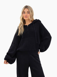 Zoey Ribbed 1/4 Zip Hoodie - Black