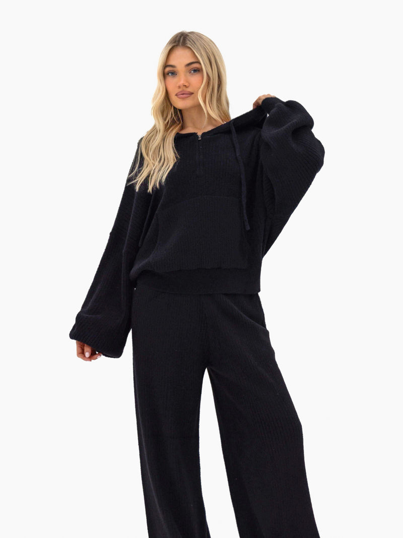 Zoey Ribbed 1/4 Zip Hoodie - Black