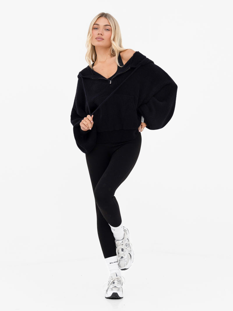 Zoey Ribbed 1/4 Zip Hoodie - Black