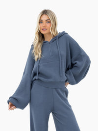 Zoey Ribbed 1/4 Zip Hoodie- Smoky Blue