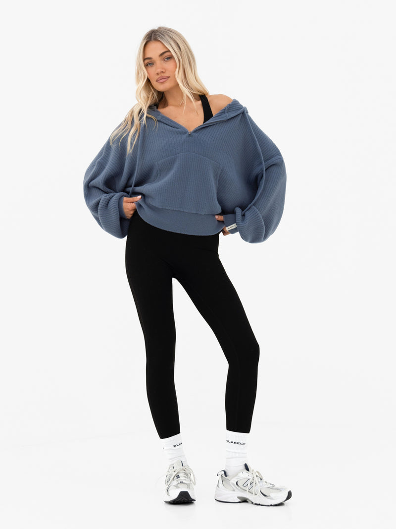 Zoey Ribbed 1/4 Zip Hoodie- Smoky Blue